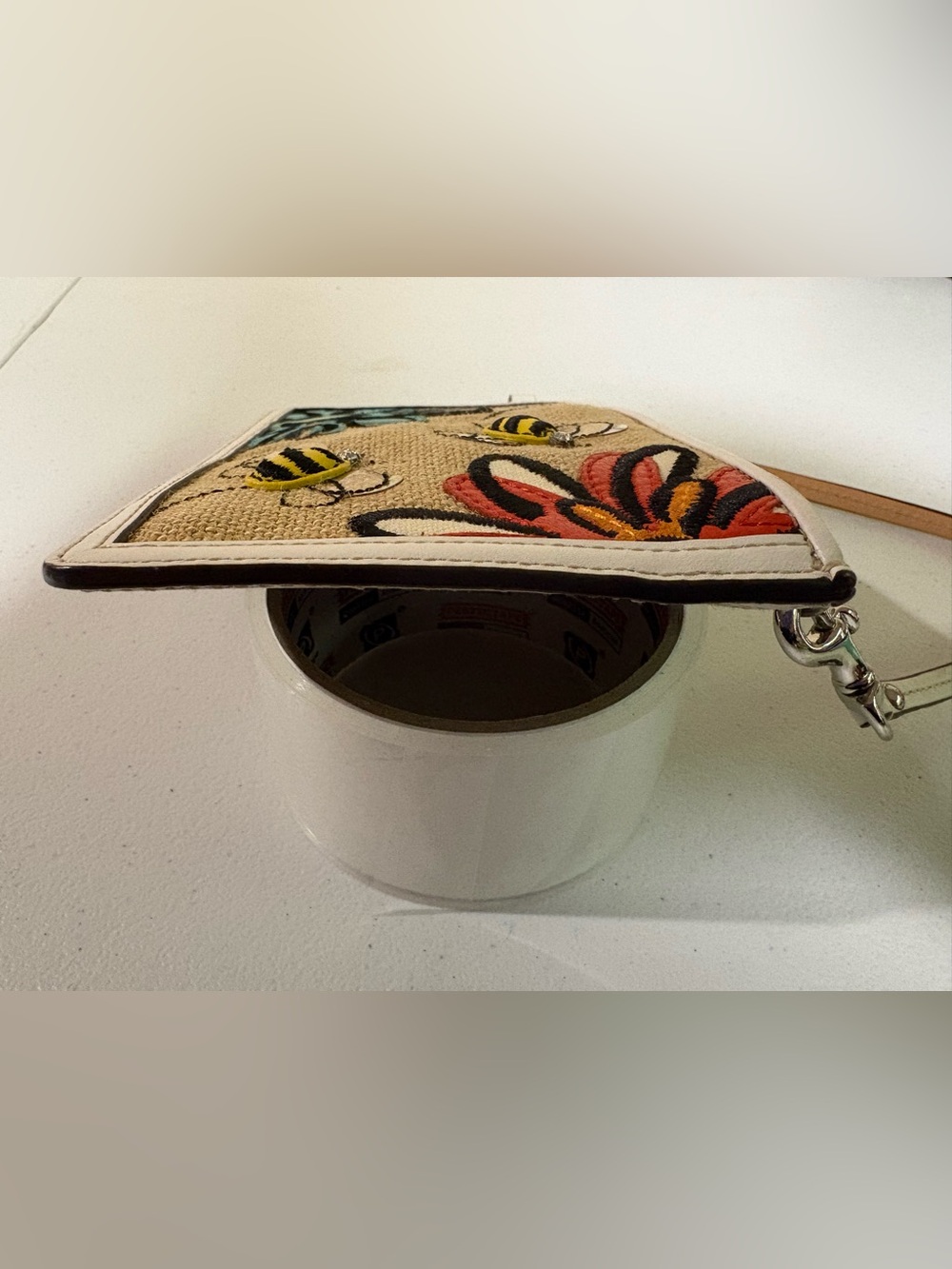 Coach Floral Bumble Bee Burlap Wristlet with White Trim - Picture 7 of 11